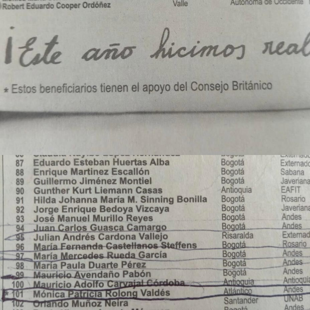 Imagen de los resultados de COLFUTURO cuando Mónica fue seleccionada.